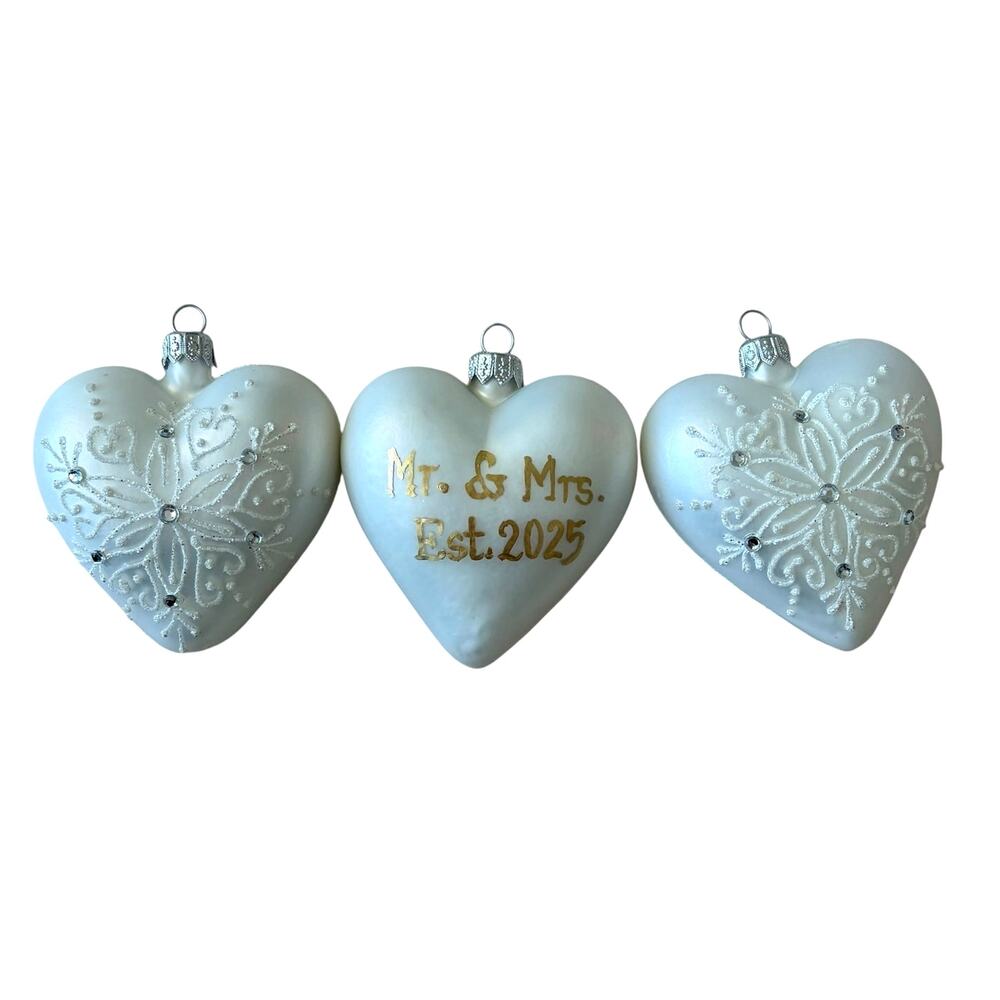Dagmara Poland Mr. And Mrs. 2025 Heart Glass Ornaments 3pc Handblown 3in NEW